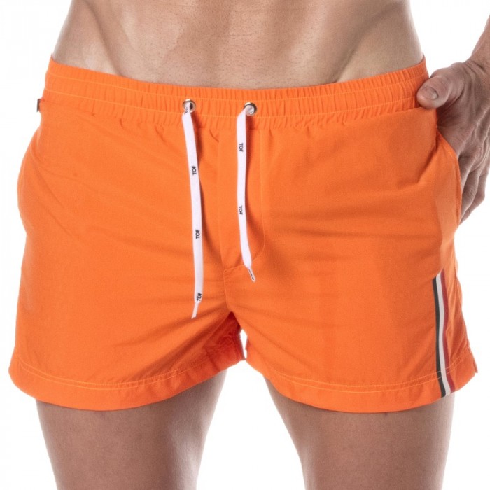 Short de bain de la marque TOF PARIS - Short de bain mi-cuisse Tof Paris à bande tricolore - orange - Ref : TOF377O