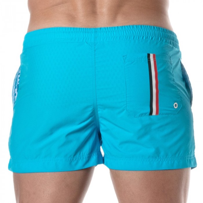 Shorts de baño de la marca TOF PARIS - Bañador Tof Paris a medio muslo con raya tricolor - turquesa - Ref : TOF377T