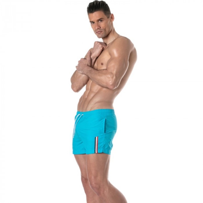 Bath Shorts of the brand TOF PARIS - Tof Paris mid-thigh swim shorts with tricolor stripe - turquoise - Ref : TOF377T