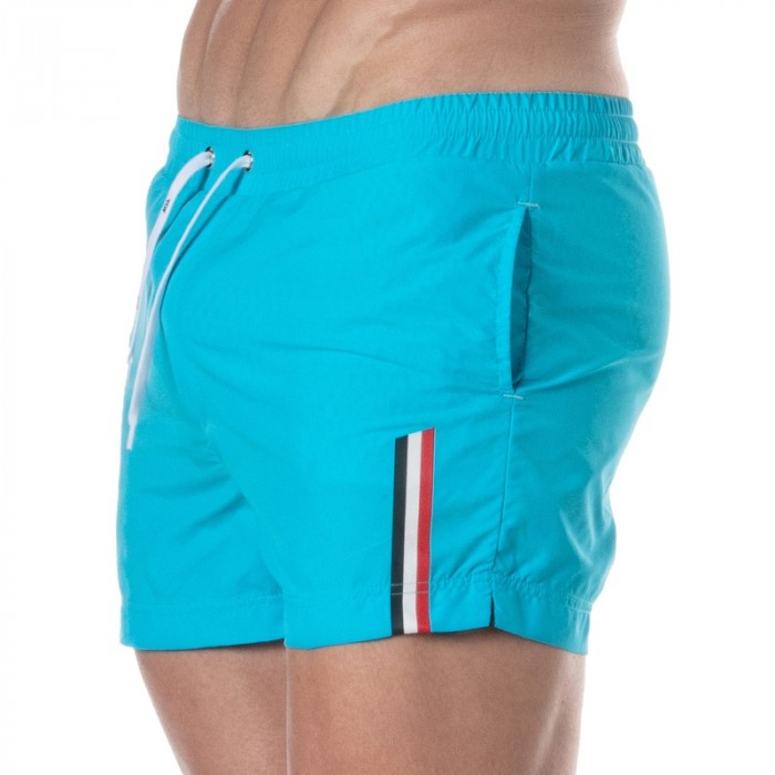 Bath Shorts of the brand TOF PARIS - Tof Paris mid-thigh swim shorts with tricolor stripe - turquoise - Ref : TOF377T