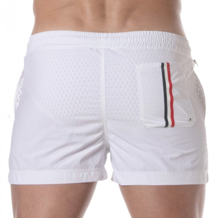 Shorts de baño de la marca TOF PARIS - Bañador Tof Paris a medio muslo con raya tricolor - blanco - Ref : TOF377B