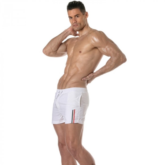 Shorts de baño de la marca TOF PARIS - Bañador Tof Paris a medio muslo con raya tricolor - blanco - Ref : TOF377B