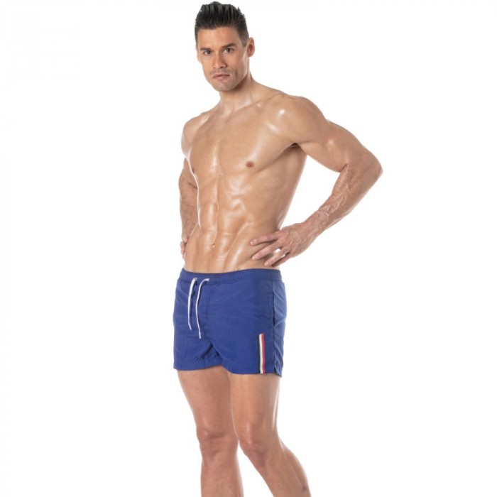 Short de bain de la marque TOF PARIS - Short de bain mi-cuisse Tof Paris à bande tricolore - bleu royal - Ref : TOF377BUR