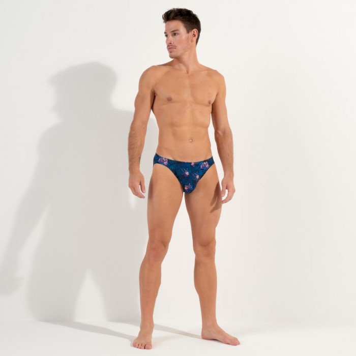 Slip, Tanga de la marque HOM - Micro Slip Comfort HOM Funky Styles - navy imprimé tigre et floral - ÉDITION LIMITÉE - Ref : 4028