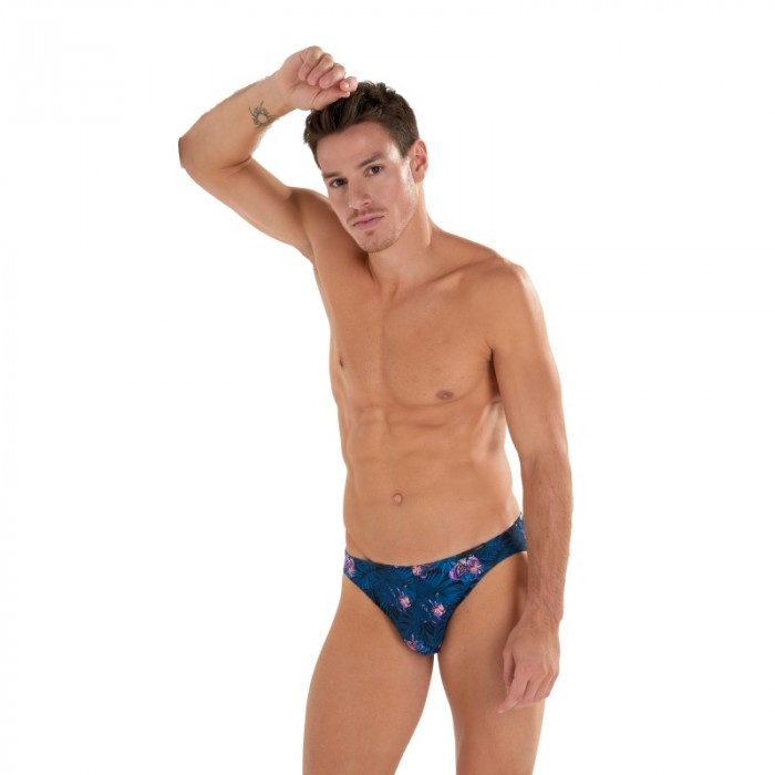 Slip, Tanga de la marque HOM - Micro Slip Comfort HOM Funky Styles - navy imprimé tigre et floral - ÉDITION LIMITÉE - Ref : 4028