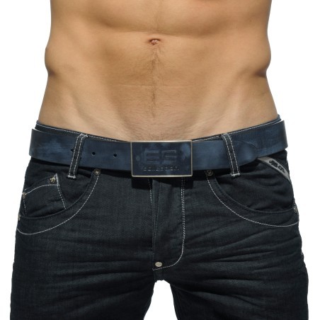 Cintura in pelle, logo blu navy spazzolato -