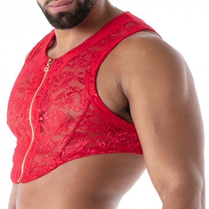 Manches courtes de la marque TOF PARIS - Crop Top zippé Tof Paris Fluid Lace - Rouge - Ref : TOF592R