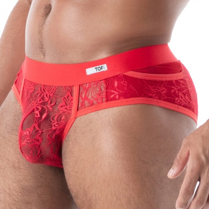 Slip, Tanga de la marque TOF PARIS - Slip à Poches en Dentelle Fluide Tof Paris - Rouge - Ref : TOF585R