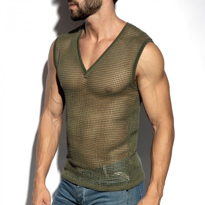 Débardeur de la marque ES COLLECTION - Débardeur Es Collection Open-Grid V-Neck - Kaki - Ref : TS380 C12