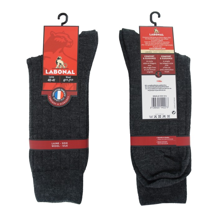 Mi-Chaussettes unies à côtes laine et soie grises - ref :  38545 3000