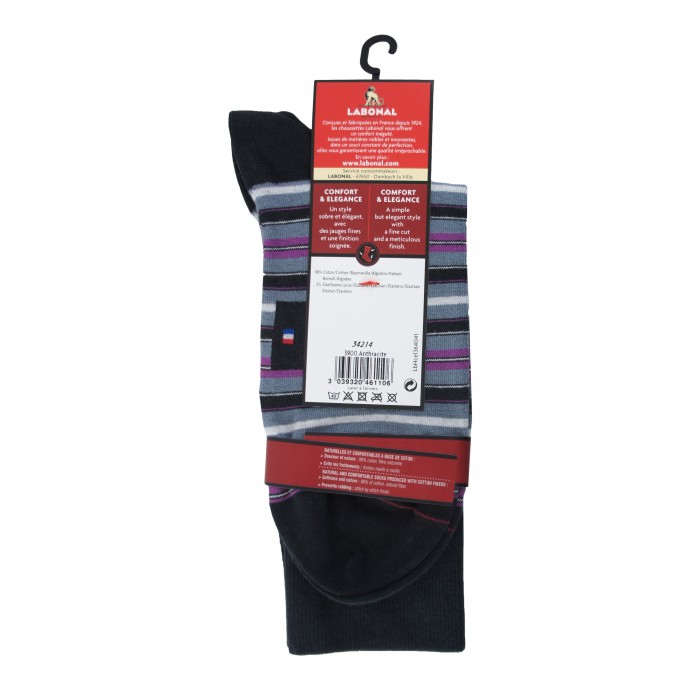 Mi-Chaussettes, fines rayures coton anthracite - ref :  34214 3900