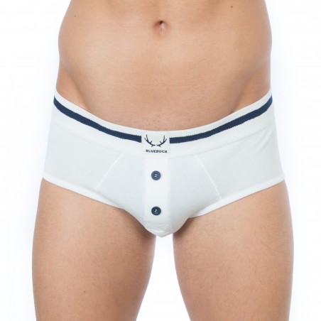 White briefs, blue buttons