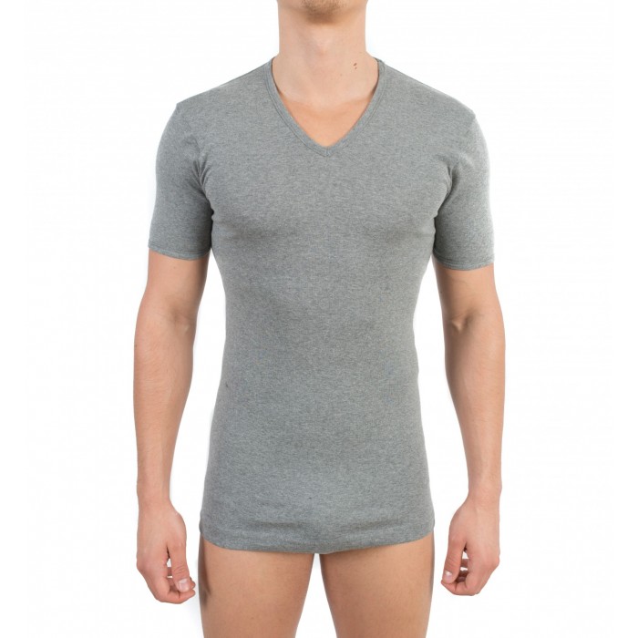 T-shirt 318 pur coton manches courtes col en V gris chiné - ref :  0318 6600