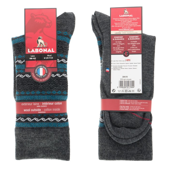  MI-CHAUSSETTES Rayures ethniques laine - Sans couture - Gris moyen - LABONAL 38976 3100 