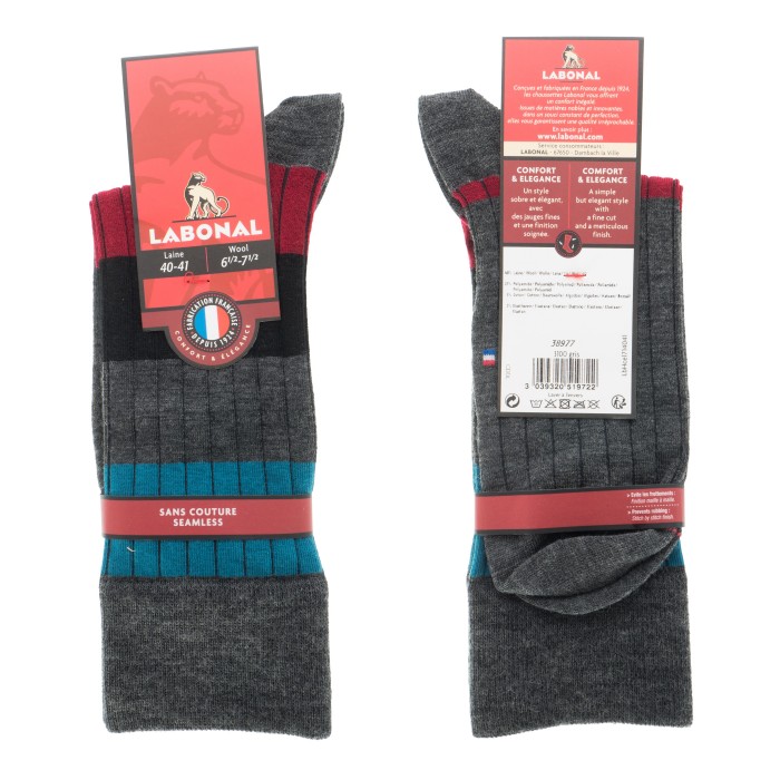  MI-CHAUSSETTES Larges rayures et côtes laine - Sans couture - Gris - LABONAL 38977 3100 