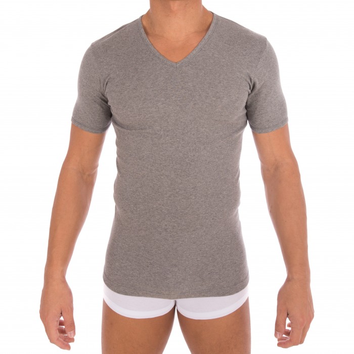 T-shirt 318 pur coton manches courtes col en V gris chiné - ref :  0318 6600