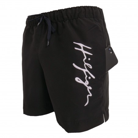 Black mid-length bath shorts with signature logo - black