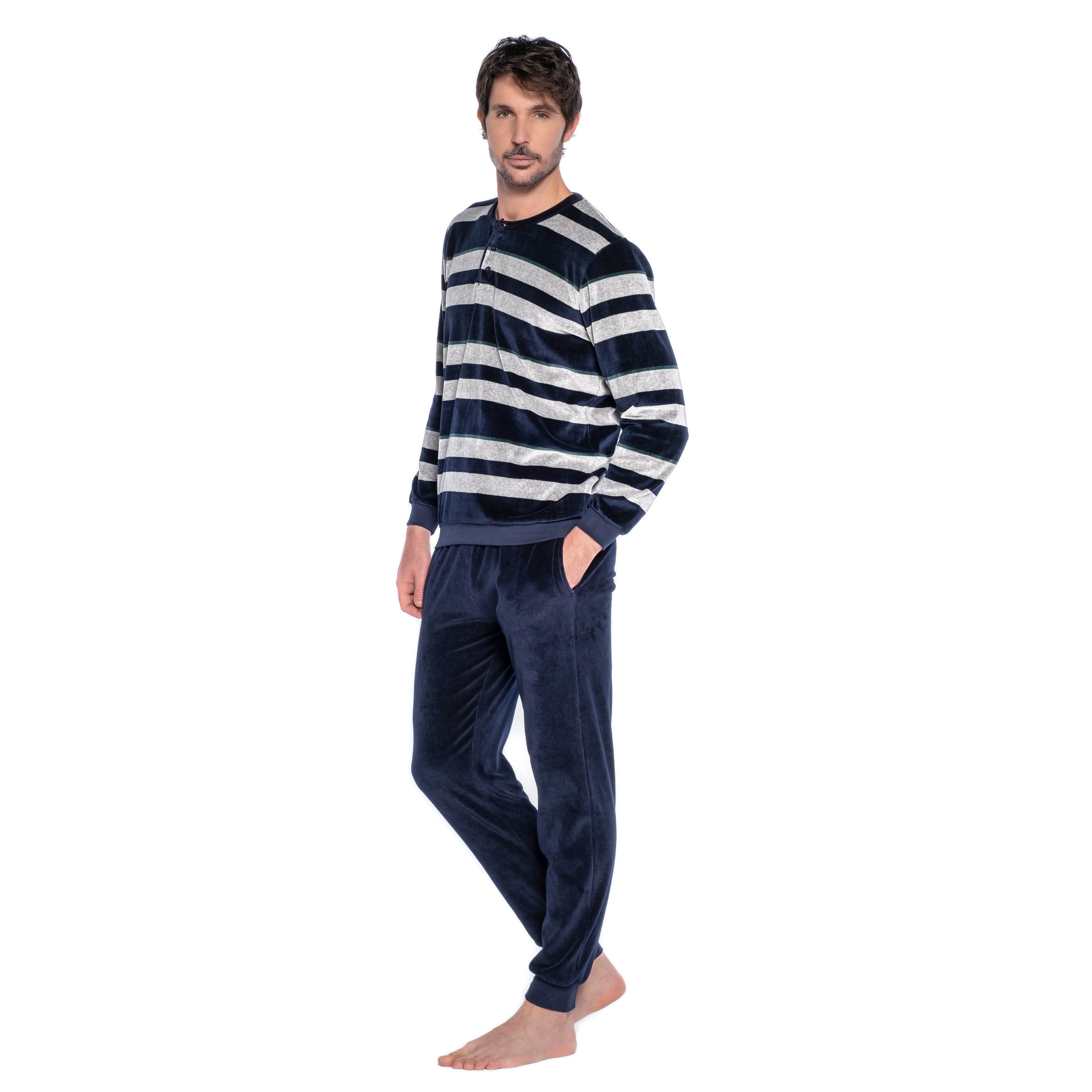 Pyjama Samt Punto gestreift - navy : Lange Schlafanzüge für