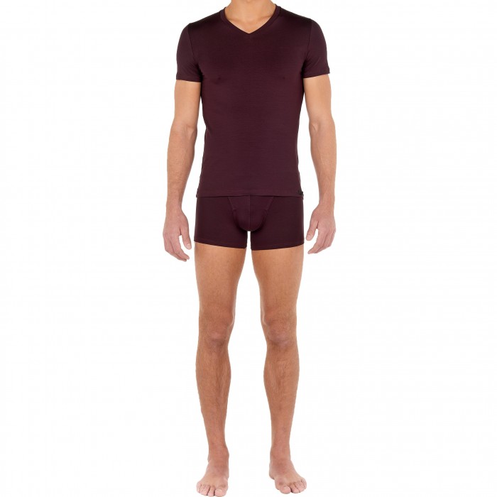  T-shirt col V Neck Tencel Soft - burgundy - HOM 402466-00ZQ 