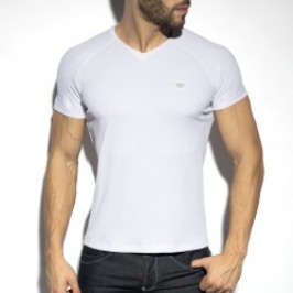 Kurze Ärmel der Marke ES COLLECTION - T-Shirt V-Ausschnitt recycelte Ripp - weiß - Ref : TS299 C01