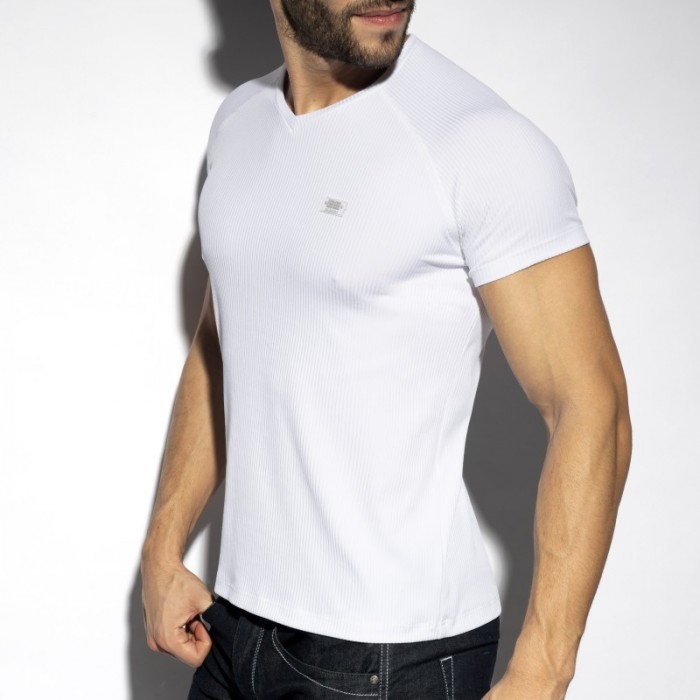 Mangas cortas de la marca ES COLLECTION - Camiseta V-Neck costilla reciclada - blanco - Ref : TS299 C01