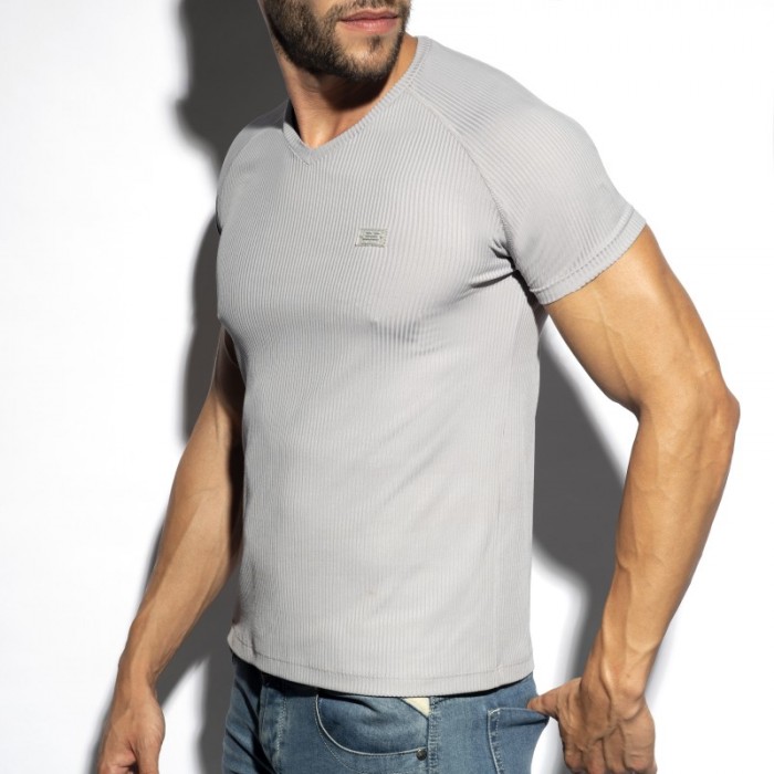 Mangas cortas de la marca ES COLLECTION - Camiseta V-Neck costilla reciclada - gris - Ref : TS299 C11
