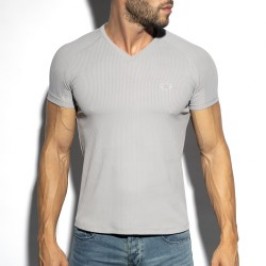 Kurze Ärmel der Marke ES COLLECTION - T-Shirt V-Ausschnitt recycelte Ripp - grau - Ref : TS299 C11