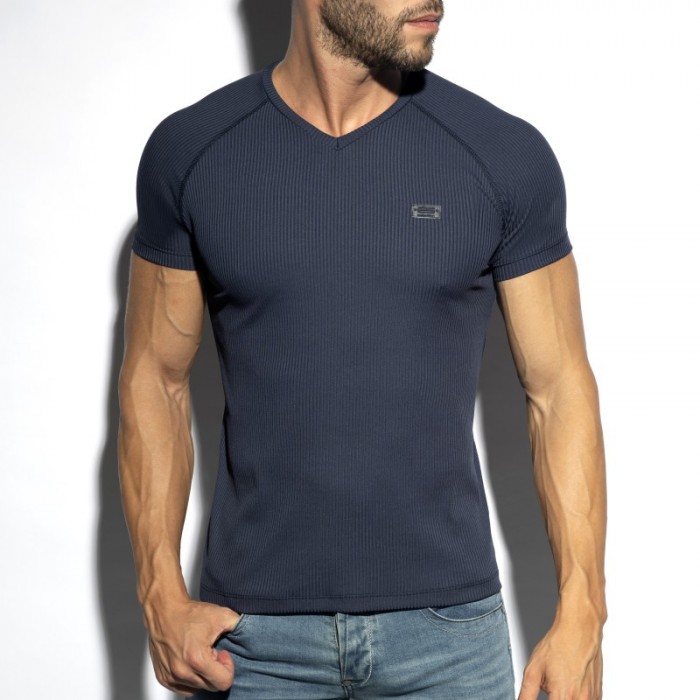 Kurze Ärmel der Marke ES COLLECTION - T-Shirt V-Ausschnitt recycelte Ripp - navy - Ref : TS299 C09
