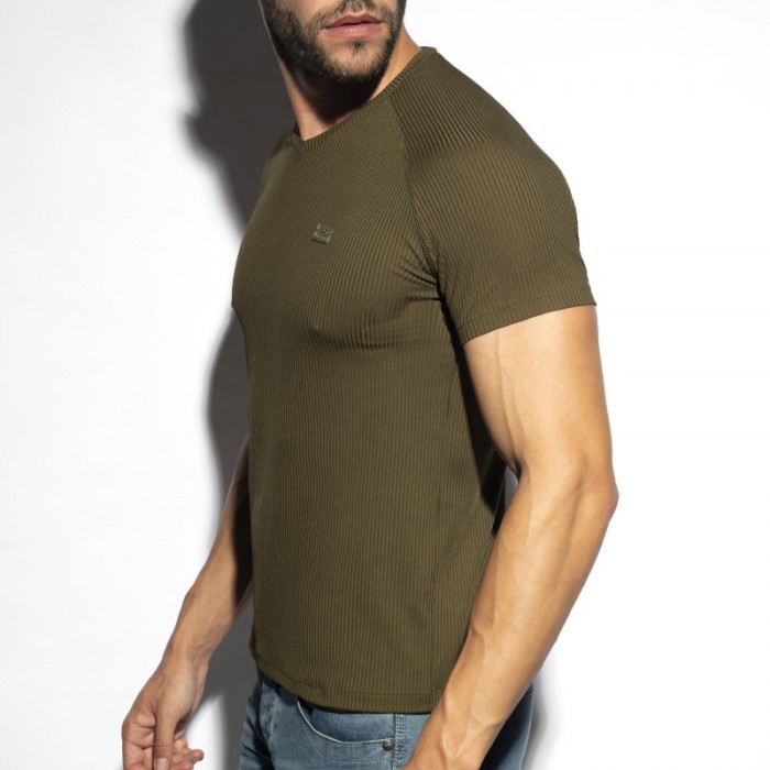 Kurze Ärmel der Marke ES COLLECTION - T-Shirt V-Ausschnitt recycelte Ripp - khaki - Ref : TS299 C12