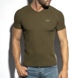 Mangas cortas de la marca ES COLLECTION - Camiseta V-Neck costilla reciclada - caqui - Ref : TS299 C12