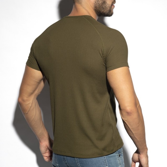 Mangas cortas de la marca ES COLLECTION - Camiseta V-Neck costilla reciclada - caqui - Ref : TS299 C12