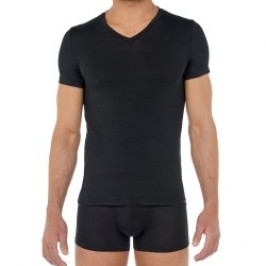 Kurze Ärmel der Marke HOM - T-shirt col V Tencel Soft - schwarz - Ref : 402466 0004