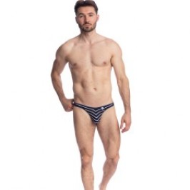 Thong of the brand L HOMME INVISIBLE - Querelle De Brest - String Bikini navy and white - Ref : UW07 QDB RAY49