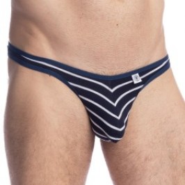 Thong of the brand L HOMME INVISIBLE - Querelle De Brest - String Bikini navy and white - Ref : UW07 QDB RAY49