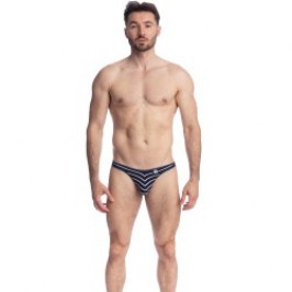 String de la marque L HOMME INVISIBLE - Querelle De Brest - String Bikini bleu marine et blanc - Ref : UW07 QDB RAY49