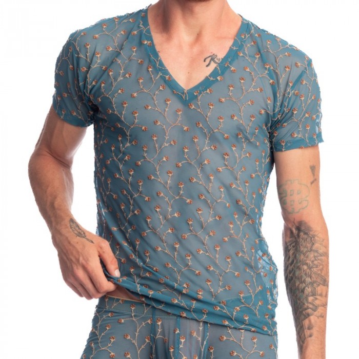 Manches courtes de la marque L HOMME INVISIBLE - Viorne Lagon - T-Shirt Col V - Ref : MY73 VIO 043